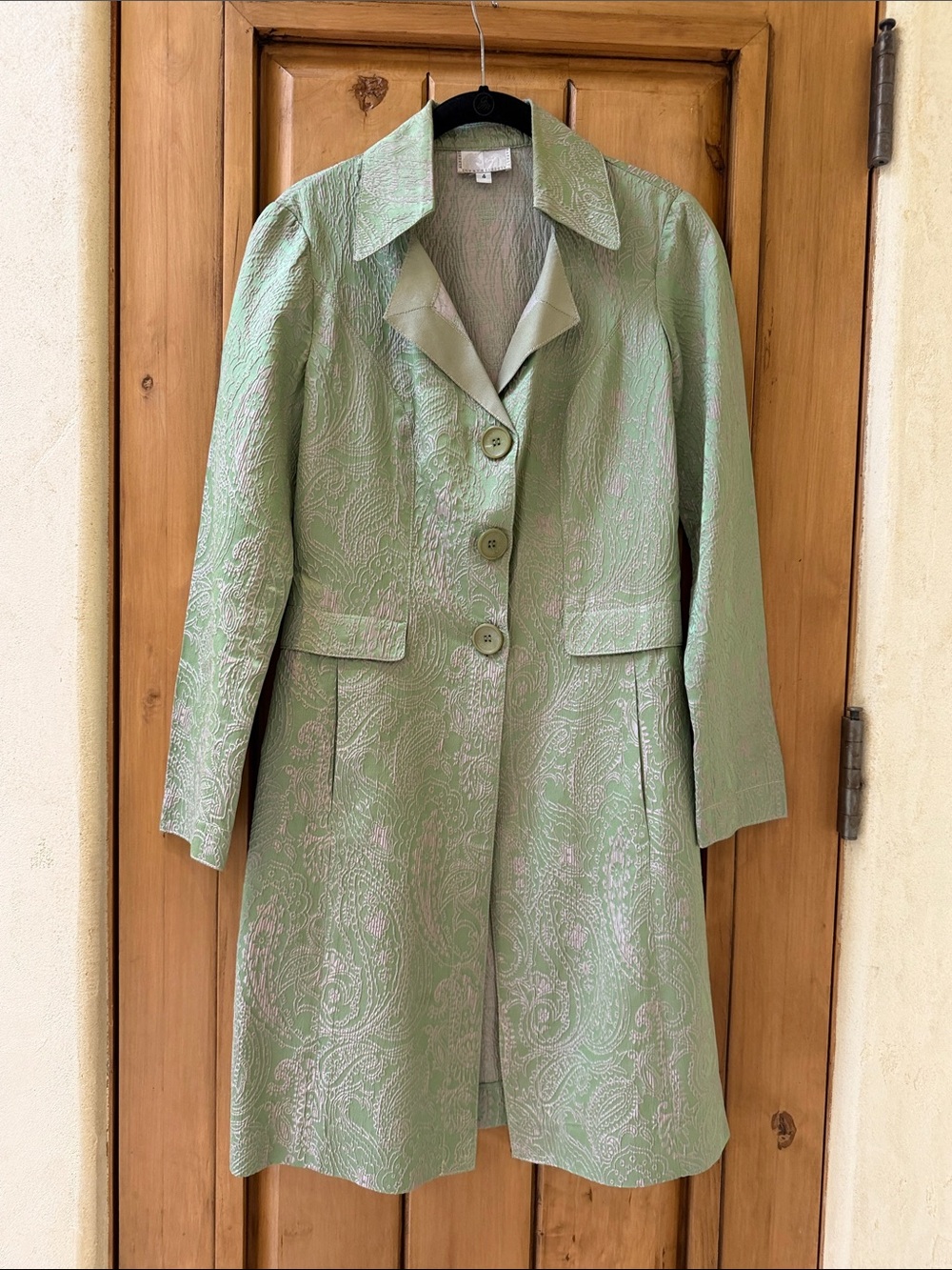 Alberto Makali Silk - Light Green Paisley Long Coat - Women's Jacket